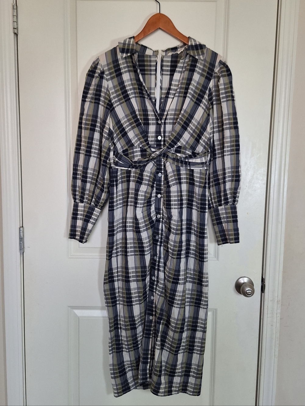 Veronica Beard Barrett Plaid Twist Front Puff Sleeve Blue Green Midi Dress Sz 8 - Picture 3 of 7